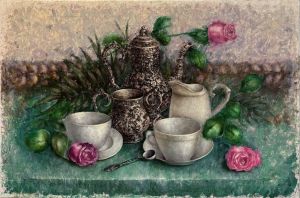 Painting, Oil - Tea set.Made with love.