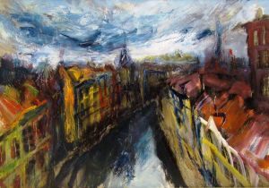 Painting, City landscape - Roofs of houses