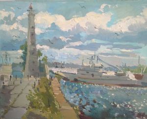 Painting, Seascape - the lighthouse in Kronstadt