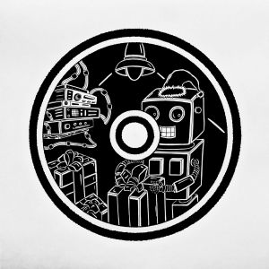 Graphics, Plot-themed genre - Xmas Point&#039; A3 Robot with gifts Black and White New Year&#039;s Picture