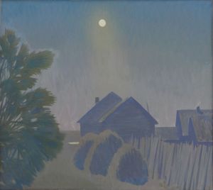 Painting, Landscape - A moonlit night. The village
