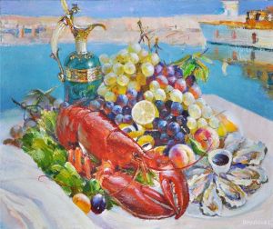 Painting, Still life - Still life with lobster, oysters, fruits