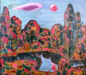 Painting, Landscape - Forest river. Red Moon