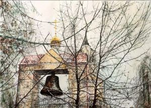 Painting, City landscape - THE BELFRY OF THE TEMPLE. TOMSK