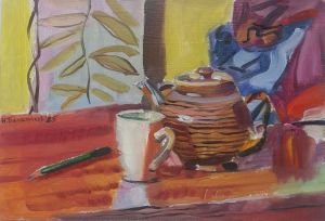 Painting, Still life - Still life with teapot and cup