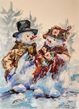 Painting, Figurative painting - L&#039;amour en hiver