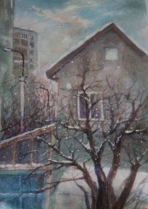 Painting, City landscape - Snow has fallen in the city.