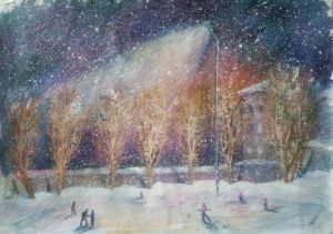 Painting, City landscape - Ice skating rink