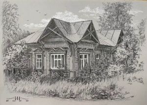 Graphics, Pencil - «The carved house on Nizhegorodskaya Street.» From the series «Wooden architecture of Noginsk.»