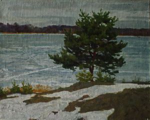 Painting, Landscape -  Pine tree by the lake.