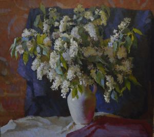 Painting, Still life - Bird cherry in a vase