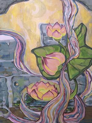 Painting, Interior - Rocks, Silk, and Lotus Blooms