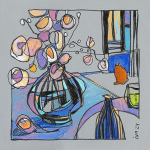 Graphics, Expressionism - Still life with a ginger cat