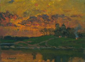 Painting, Landscape - Bonfires above the river
