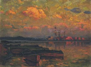 Painting, Impressionism - Vecher-na-reke