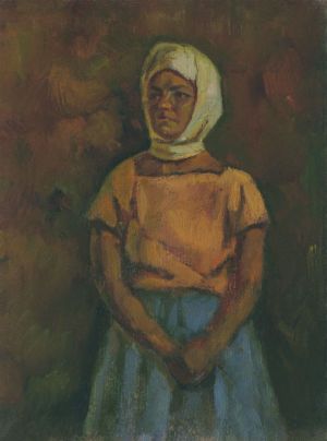 Painting, Portrait - Portrait of girl in a white headscarf