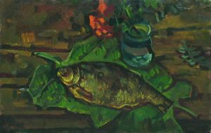 Painting, Still life - Still life with fish on the leaves