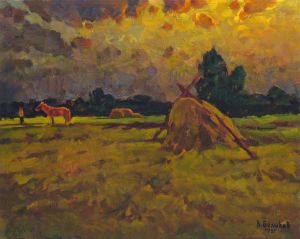 Painting, Landscape - Red horse