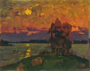 Painting, Oil - Autumn sunset above the river