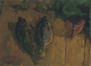 Painting, Impressionism - Still life with fishes